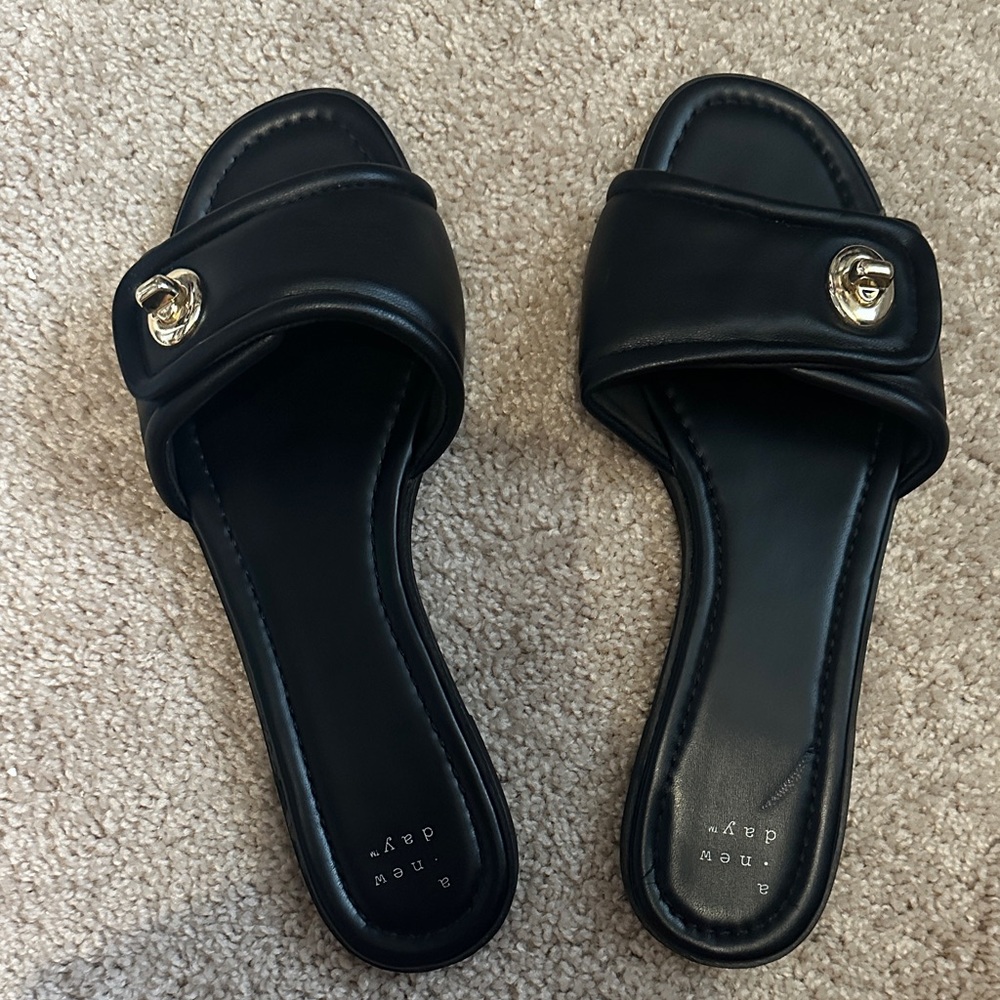 Black Slide Sandals with Gold Accent - Women